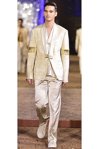 Golden Beige Velvet Hand Embroidered Tuxedo Set by Kommal Sood