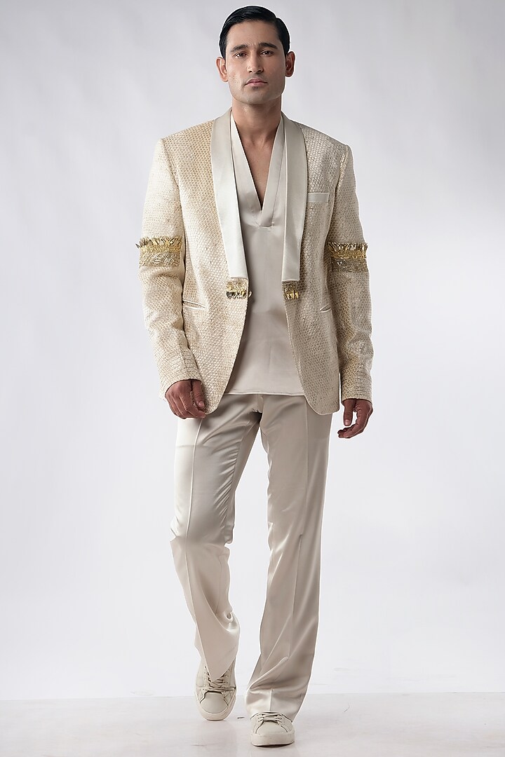 Golden Beige Velvet Hand Embroidered Tuxedo Set by Kommal Sood at Pernia's Pop Up Shop