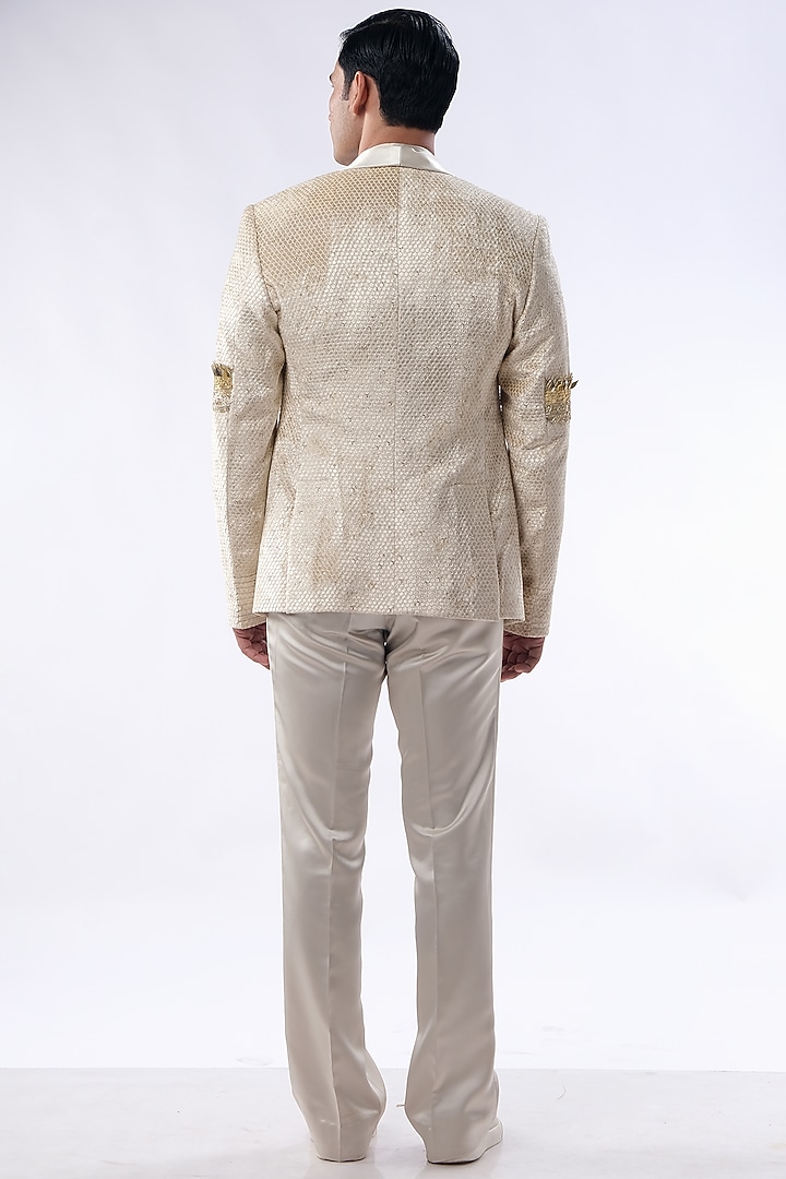 Golden Beige Velvet Hand Embroidered Tuxedo Set by Kommal Sood at Pernia's Pop Up Shop