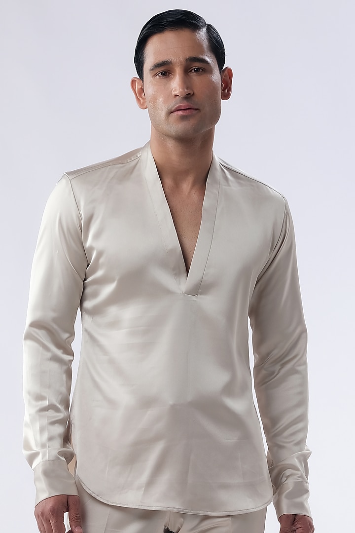 Golden Beige Velvet Hand Embroidered Tuxedo Set by Kommal Sood at Pernia's Pop Up Shop
