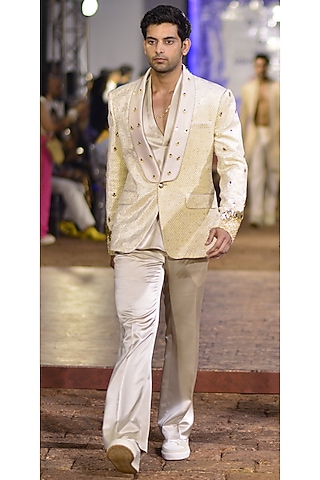 Golden Beige Velvet Hand Embroidered Tuxedo Set by Kommal Sood