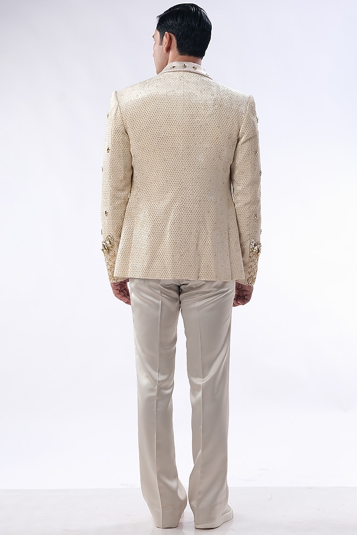 Golden Beige Velvet Hand Embroidered Tuxedo Set by Kommal Sood at Pernia's Pop Up Shop