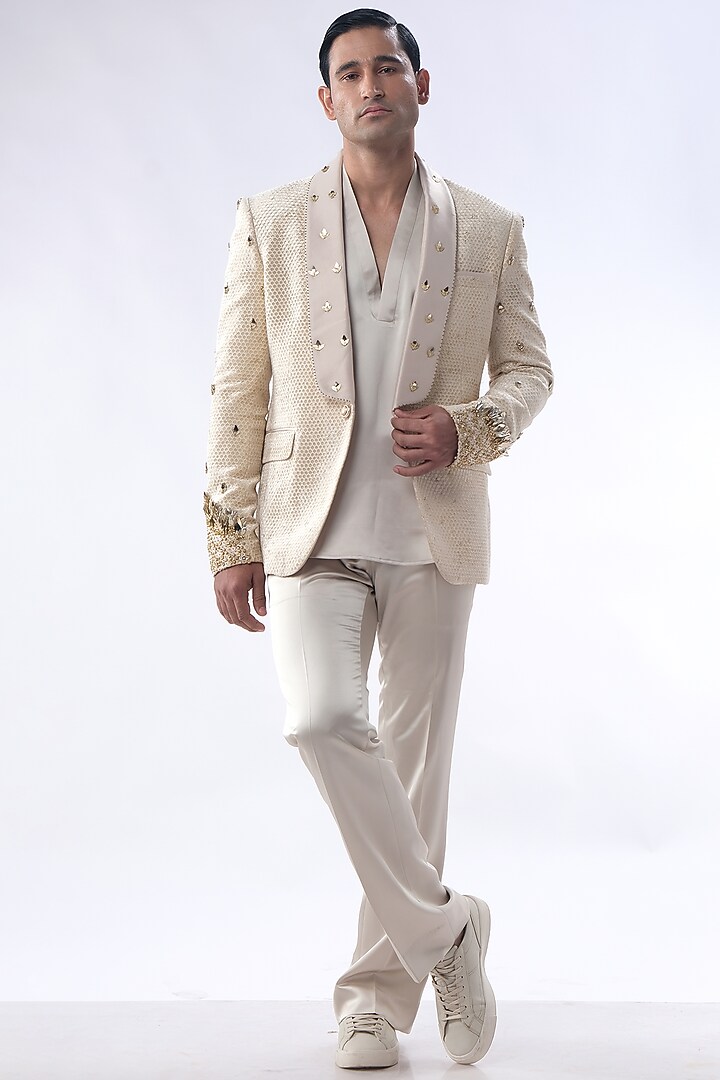 Golden Beige Velvet Hand Embroidered Tuxedo Set by Kommal Sood at Pernia's Pop Up Shop
