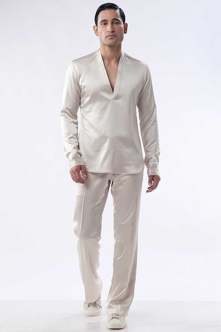 Golden Beige Velvet Hand Embroidered Tuxedo Set by Kommal Sood at Pernia's Pop Up Shop