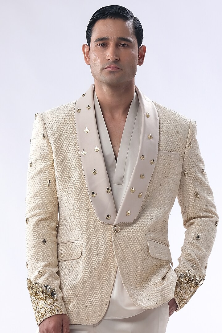 Golden Beige Velvet Hand Embroidered Tuxedo Set by Kommal Sood at Pernia's Pop Up Shop