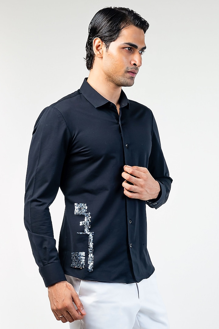 Black Cotton Sequins Embroidered Shirt by Kommal Sood