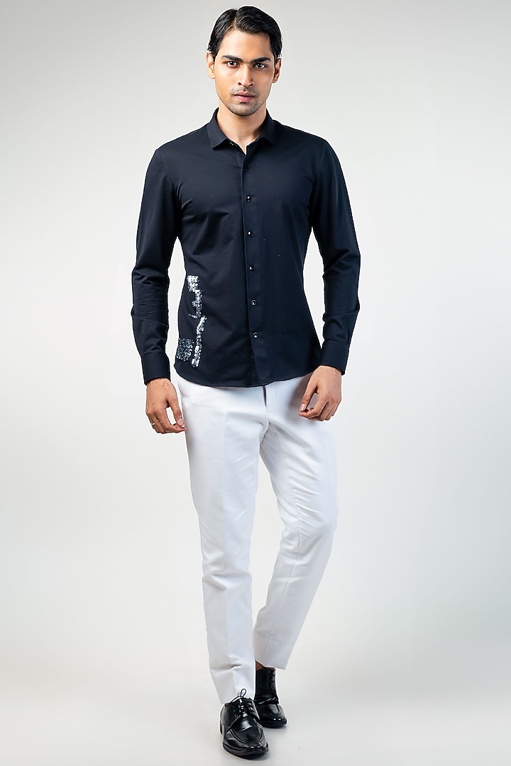 Black Cotton Sequins Embroidered Party Wear Shirt by Kommal Sood at Pernia's Pop Up Shop
