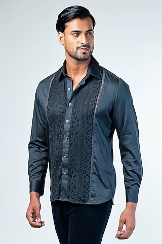 Dark Grey Cotton Shirt by Kommal Sood
