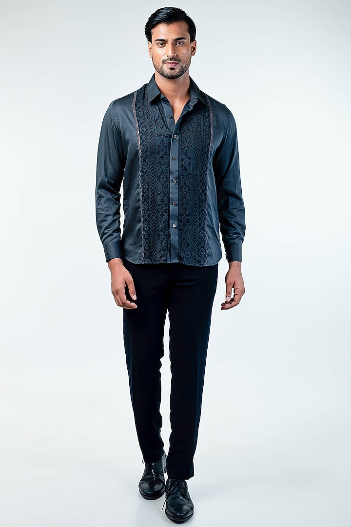Dark Grey Cotton Party Wear Shirt by Kommal Sood at Pernia's Pop Up Shop