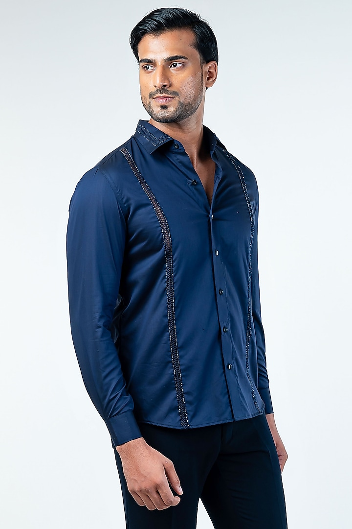Navy Blue Cotton Hand Embroidered Shirt by Kommal Sood