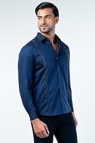 Navy Blue Cotton Hand Embroidered Shirt by Kommal Sood
