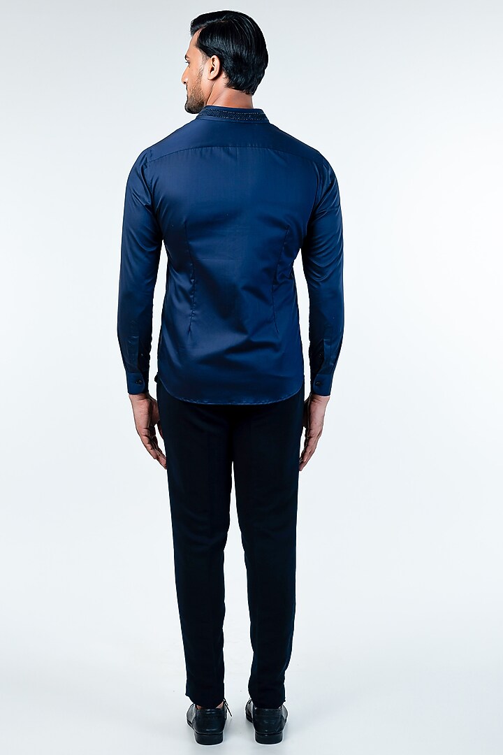 Navy Blue Cotton Hand Embroidered Party Wear Shirt by Kommal Sood at Pernia's Pop Up Shop