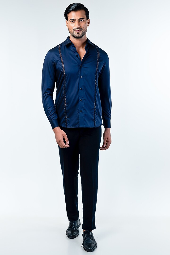 Navy Blue Cotton Hand Embroidered Party Wear Shirt by Kommal Sood at Pernia's Pop Up Shop