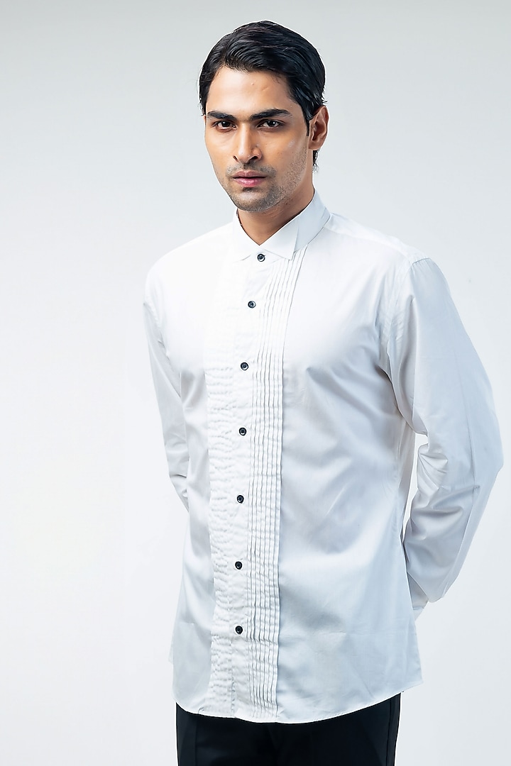 White Cotton Pleated Tuxedo Shirt by Kommal Sood