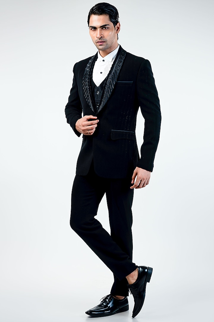 Black Cupro Hand Embroidered Tuxedo Set by Kommal Sood