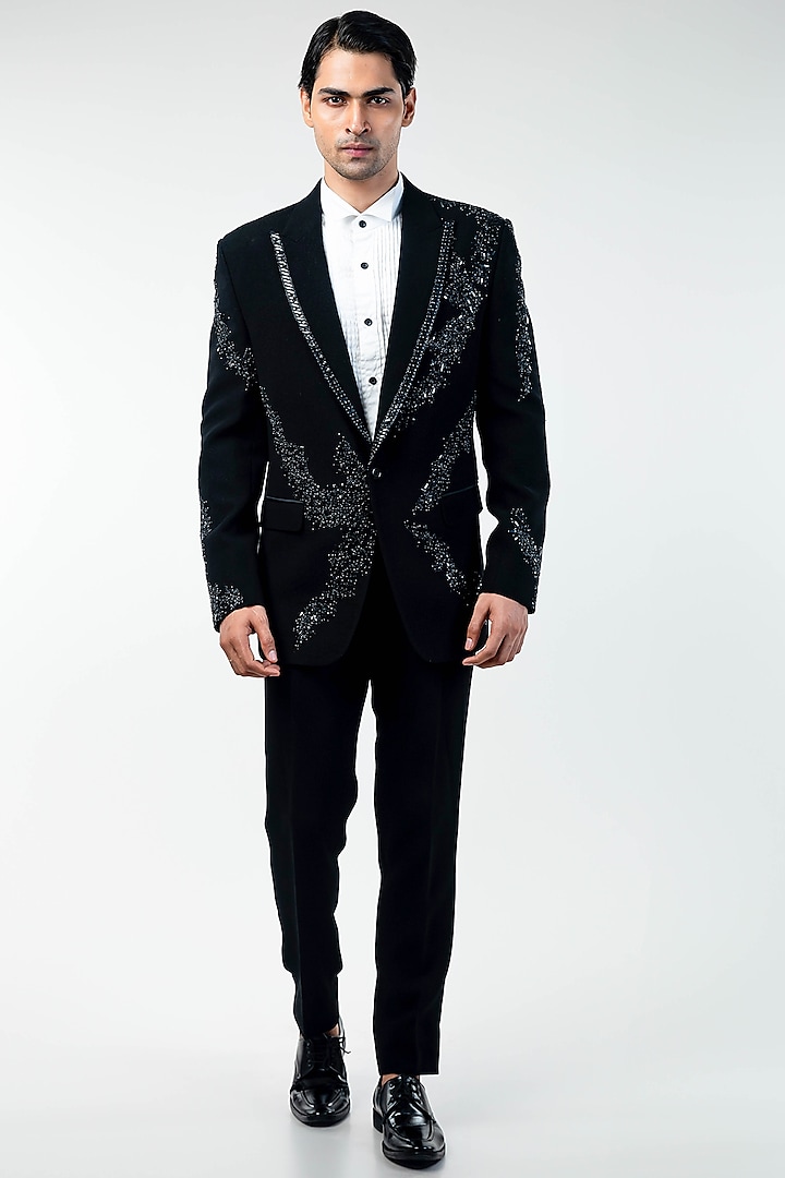 Black Cupro Hand Embroidered Tuxedo Set by Kommal Sood