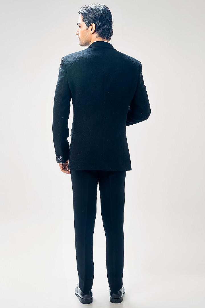 Black Cupro Hand Embroidered Tuxedo Set by Kommal Sood at Pernia's Pop Up Shop