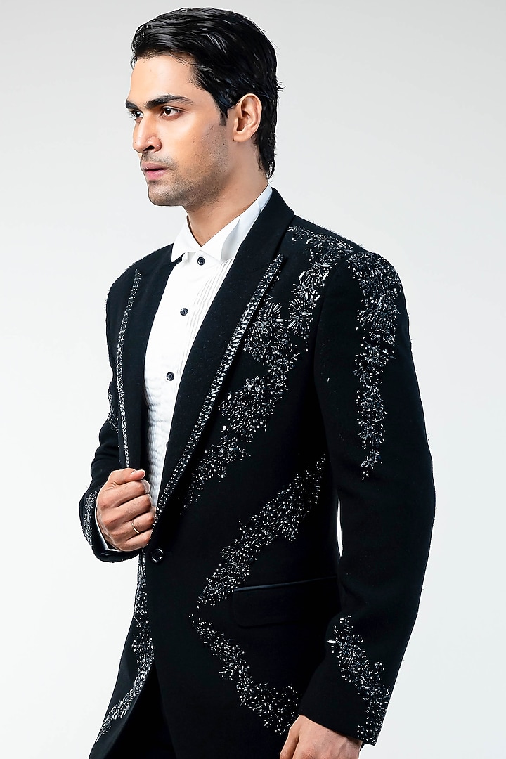 Black Cupro Hand Embroidered Tuxedo Set by Kommal Sood at Pernia's Pop Up Shop