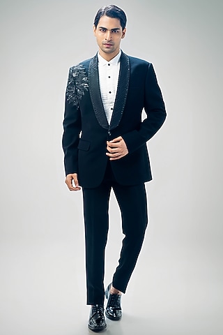 Black Cupro Hand & Machine Embroidered Tuxedo Set by Kommal Sood