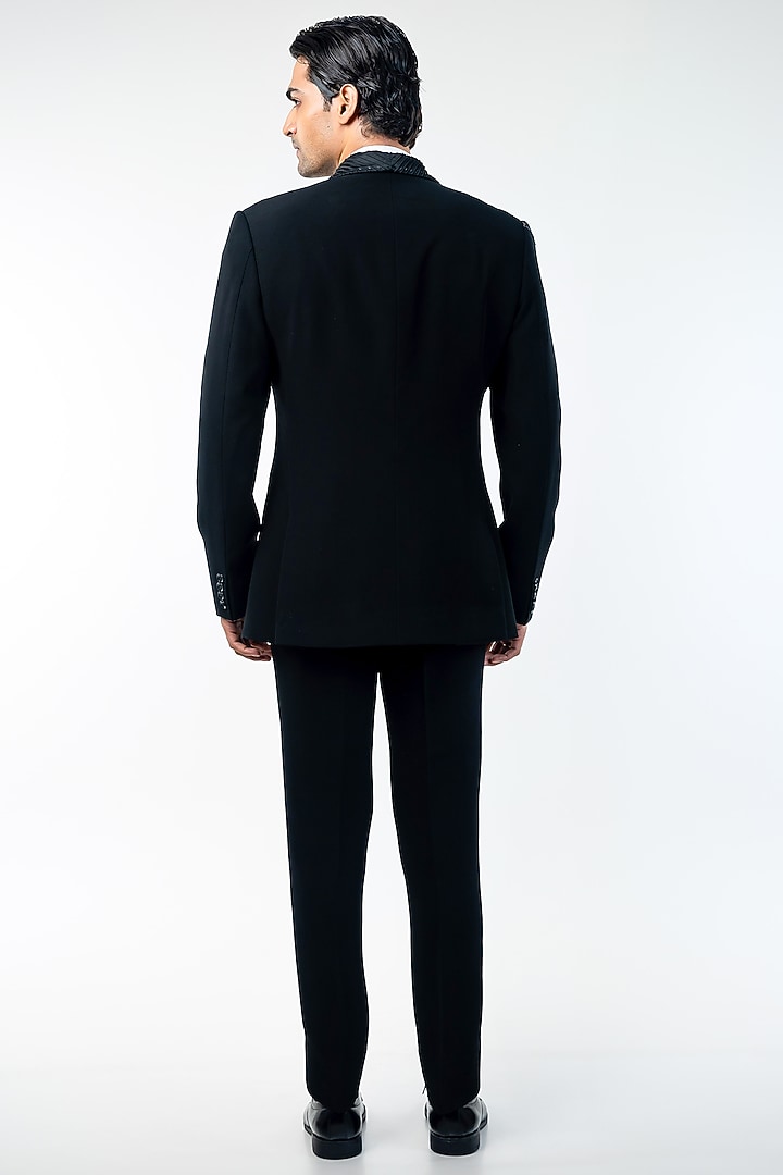 Black Cupro Hand & Machine Embroidered Tuxedo Set by Kommal Sood at Pernia's Pop Up Shop