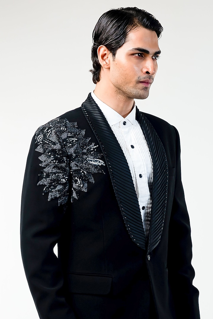 Black Cupro Hand & Machine Embroidered Tuxedo Set by Kommal Sood at Pernia's Pop Up Shop