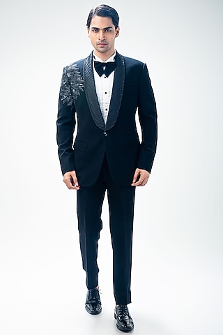 Black Cupro Hand & Machine Embroidered Tuxedo Set by Kommal Sood
