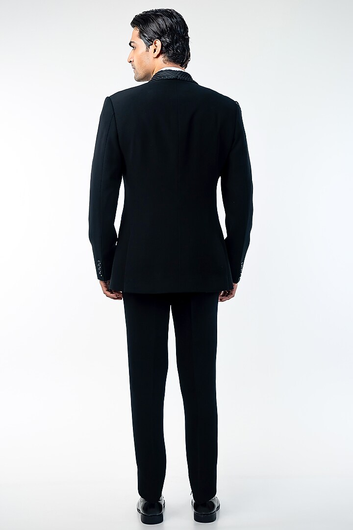Black Cupro Hand & Machine Embroidered Tuxedo Set by Kommal Sood at Pernia's Pop Up Shop