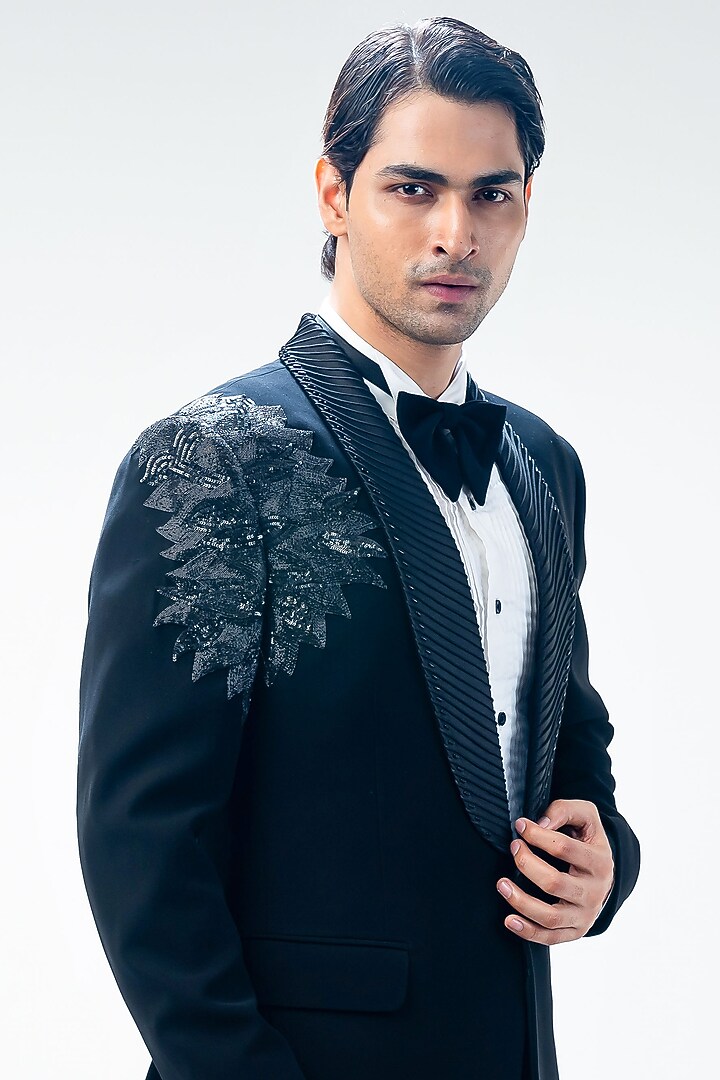 Black Cupro Hand & Machine Embroidered Tuxedo Set by Kommal Sood at Pernia's Pop Up Shop
