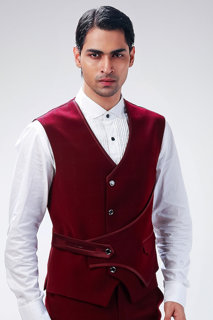 Wine Cupro Waistcoat Set by Kommal Sood at Pernia's Pop Up Shop