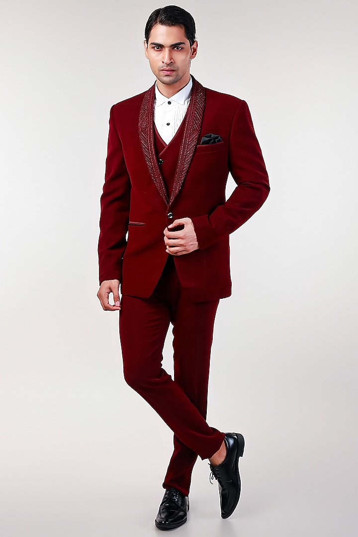 Wine Cupro Embroidered Tuxedo Set by Kommal Sood