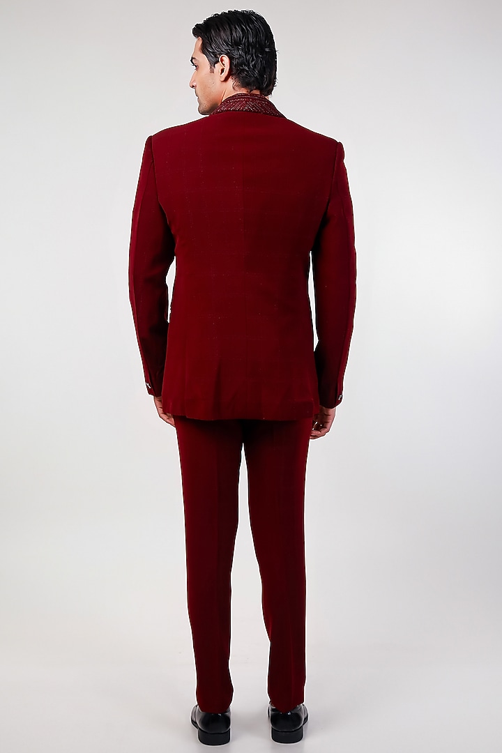 Wine Cupro Embroidered Tuxedo Set by Kommal Sood at Pernia's Pop Up Shop