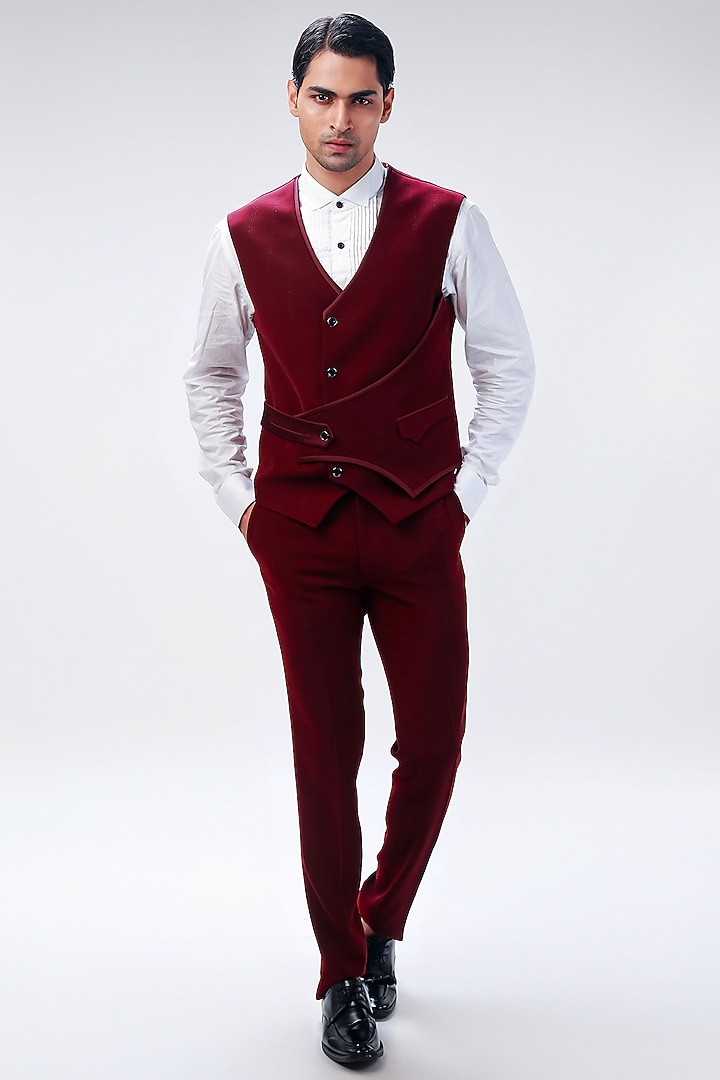 Wine Cupro Embroidered Tuxedo Set by Kommal Sood at Pernia's Pop Up Shop