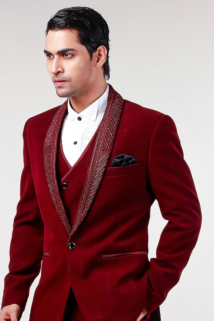 Wine Cupro Embroidered Tuxedo Set by Kommal Sood at Pernia's Pop Up Shop