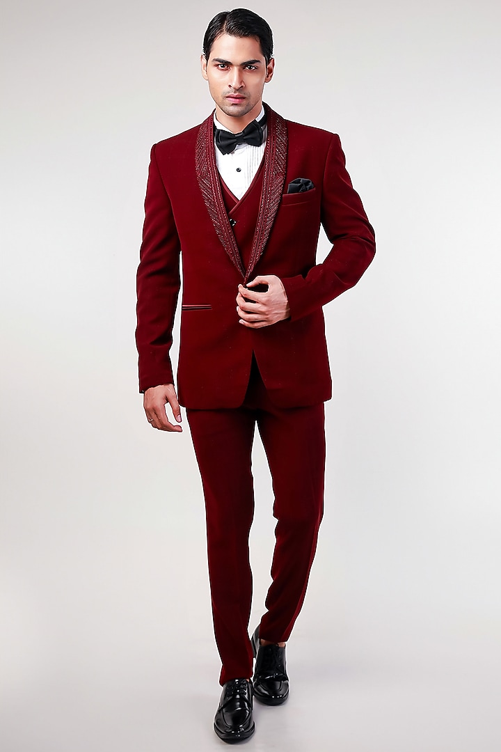 Wine Cupro Embroidered Tuxedo Set by Kommal Sood at Pernia's Pop Up Shop