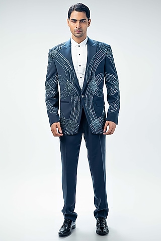 Dark Grey Cupro Hand Embroidered Tuxedo Set by Kommal Sood
