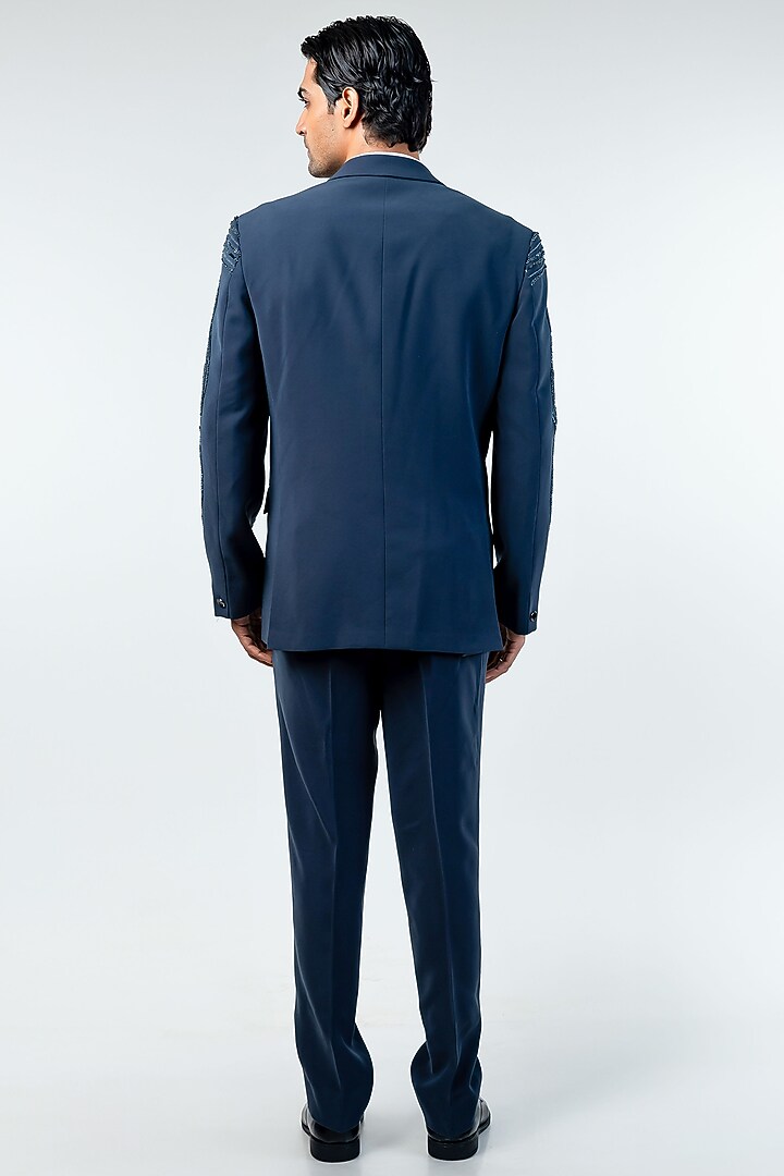 Dark Grey Cupro Hand Embroidered Tuxedo Set by Kommal Sood at Pernia's Pop Up Shop