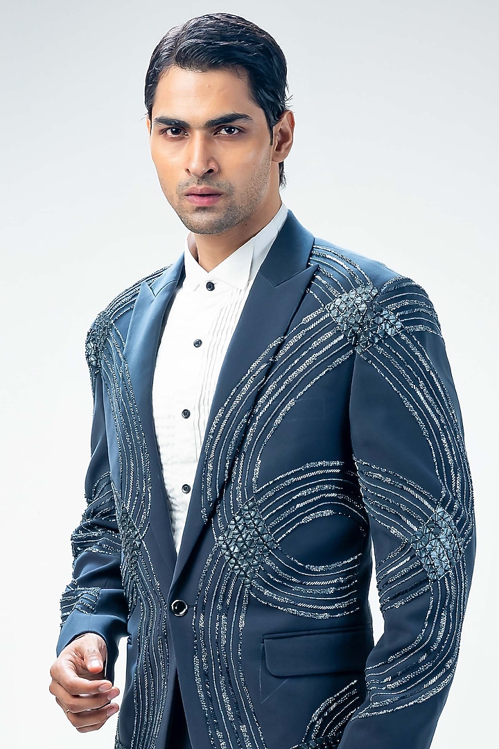 Dark Grey Cupro Hand Embroidered Tuxedo Set by Kommal Sood at Pernia's Pop Up Shop