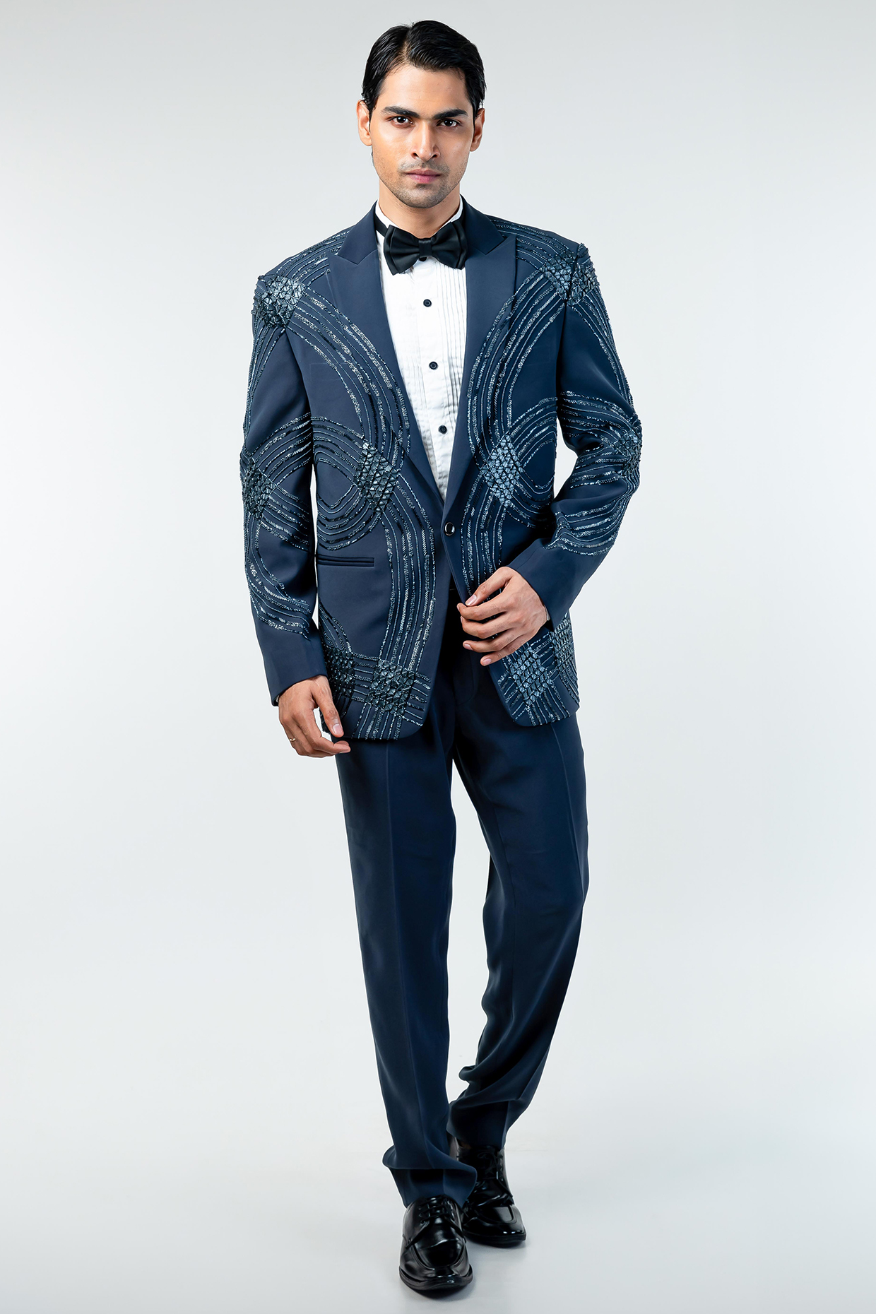 Dark Grey Cupro Hand Embroidered Tuxedo Set by Kommal Sood at Pernia's Pop Up Shop