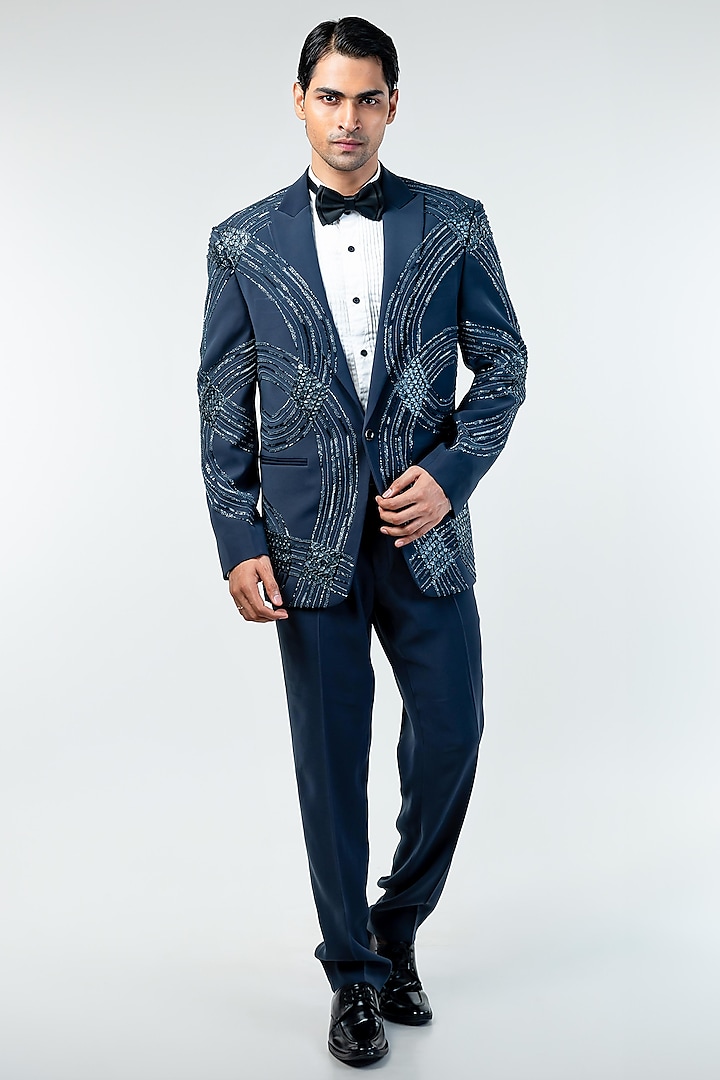 Dark Grey Cupro Hand Embroidered Tuxedo Set by Kommal Sood at Pernia's Pop Up Shop