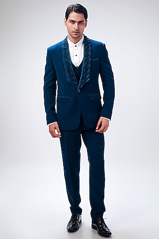 Blue Cupro Tuxedo Set by Kommal Sood