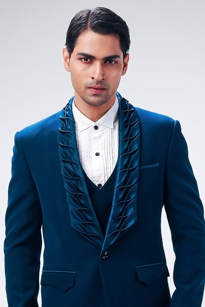 Blue Cupro Tuxedo Set by Kommal Sood at Pernia's Pop Up Shop