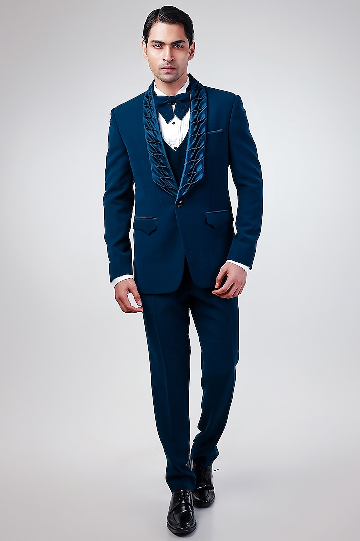 Blue Cupro Tuxedo Set by Kommal Sood