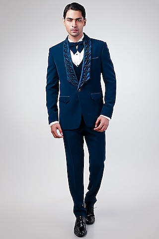 Blue Cupro Tuxedo Set by Kommal Sood