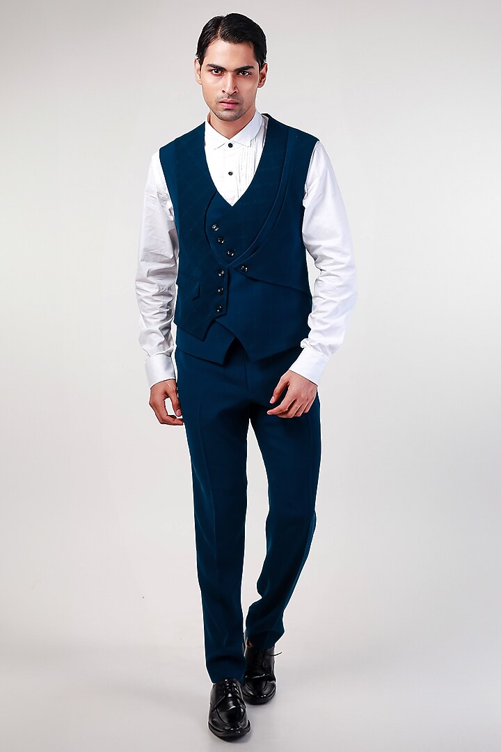 Blue Cupro Tuxedo Set by Kommal Sood at Pernia's Pop Up Shop