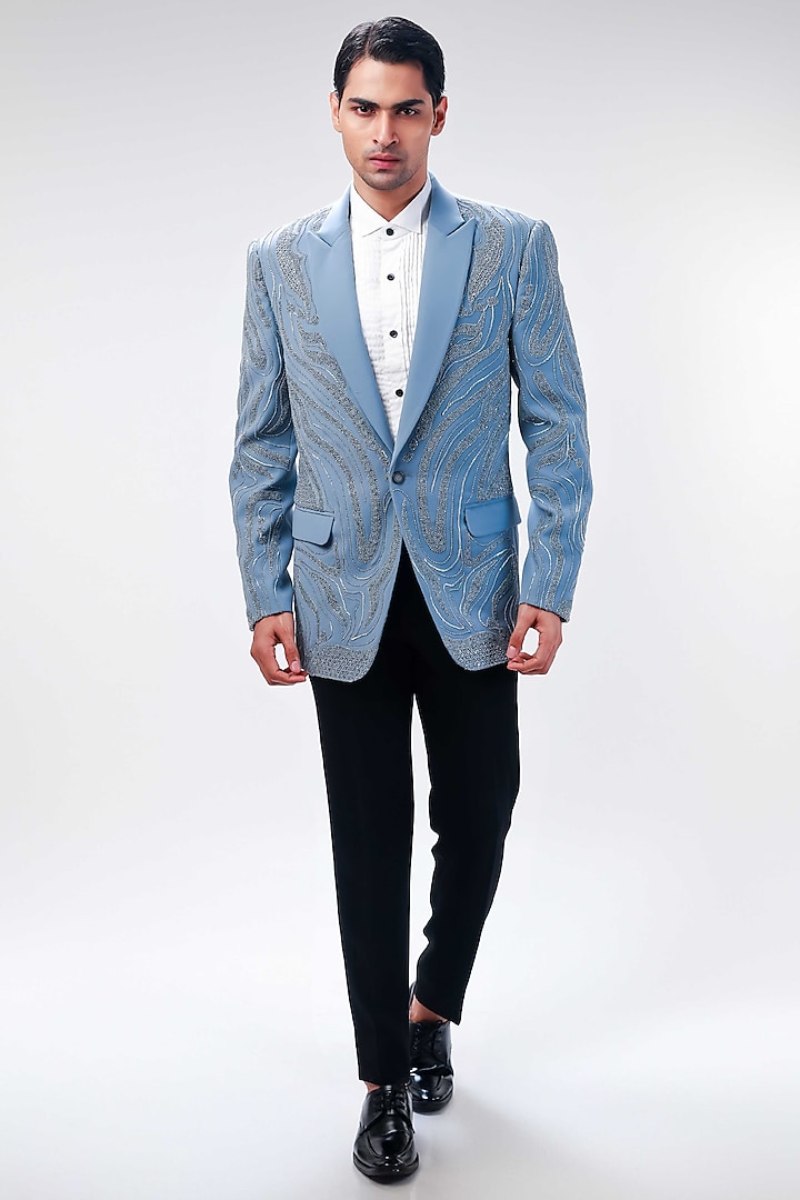 Light Grey Cupro Hand Embroidered Tuxedo Set by Kommal Sood