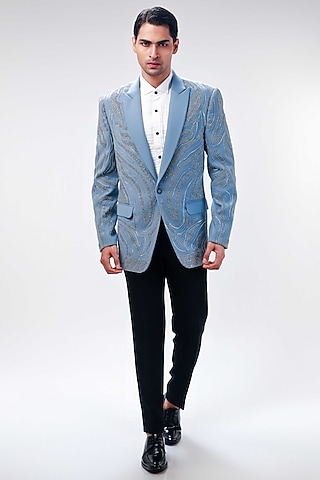 Light Grey Cupro Hand Embroidered Tuxedo Set by Kommal Sood