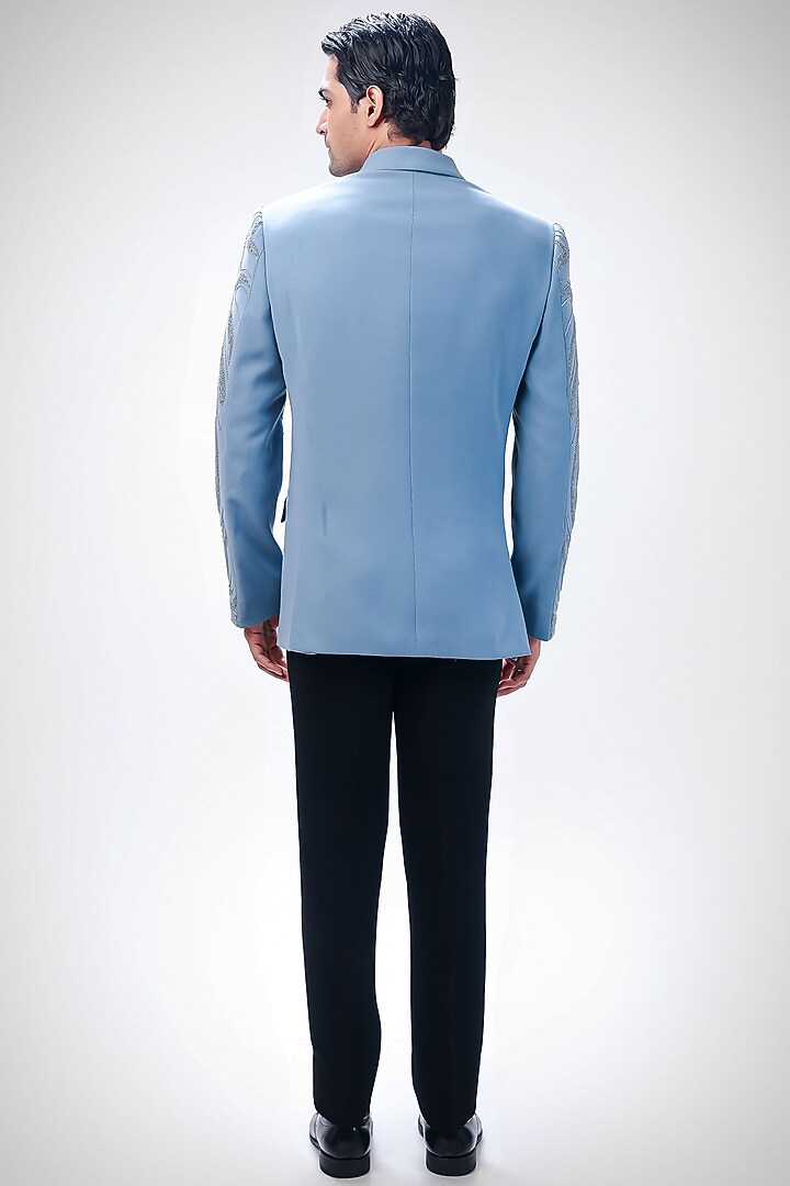 Light Grey Cupro Hand Embroidered Tuxedo Set by Kommal Sood at Pernia's Pop Up Shop