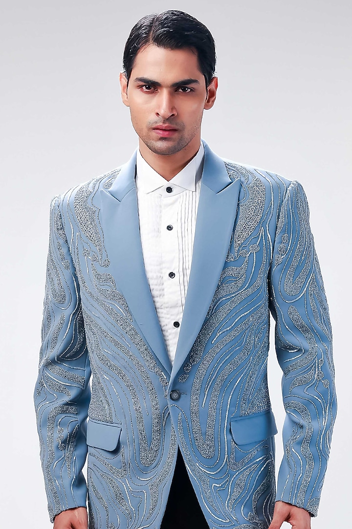 Light Grey Cupro Hand Embroidered Tuxedo Set by Kommal Sood at Pernia's Pop Up Shop