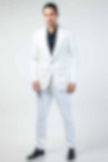 White Cupro Hand & Machine Embroidered Tuxedo Set by Kommal Sood at Pernia's Pop Up Shop