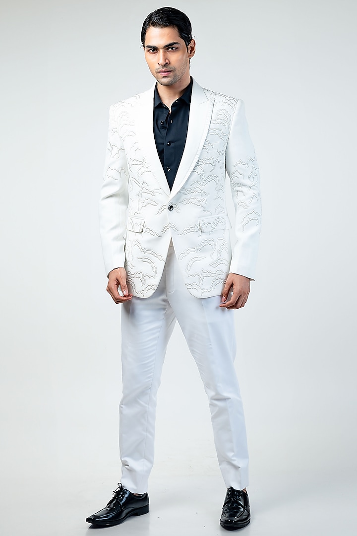 White Cupro Hand & Machine Embroidered Tuxedo Set by Kommal Sood at Pernia's Pop Up Shop